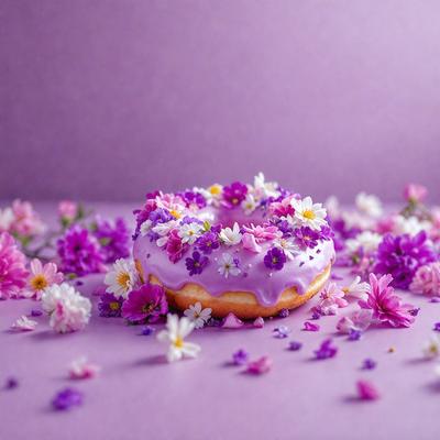 The primary subject of the image is a purple frosted donut with a flower design on top. The donut is placed on a purple surface, which serves as the setting or background. The visual style of the image is a photo, capturing the details of the donut and its surroundings. The colors and mood of the image are predominantly purple, creating a calm and visually appealing atmosphere.